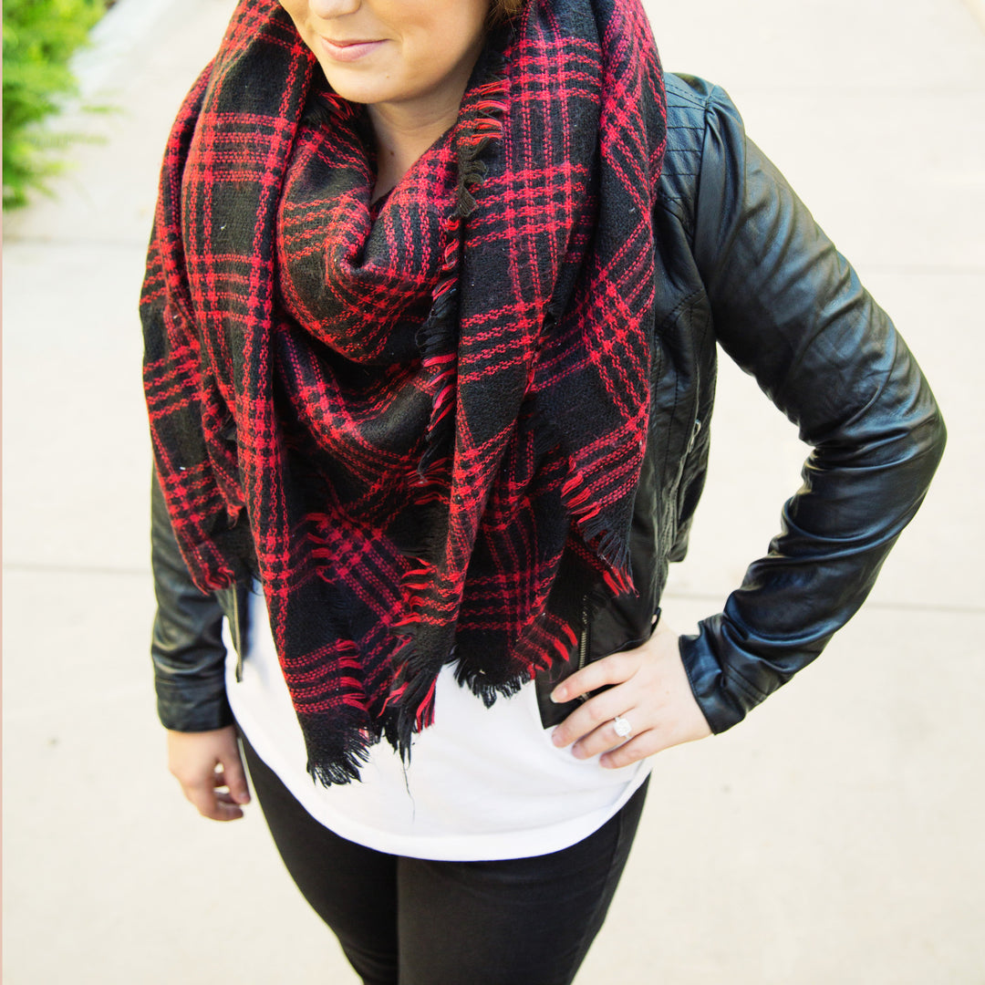 Red Black Plaid Blanket Scarf - Tickled Teal LLC