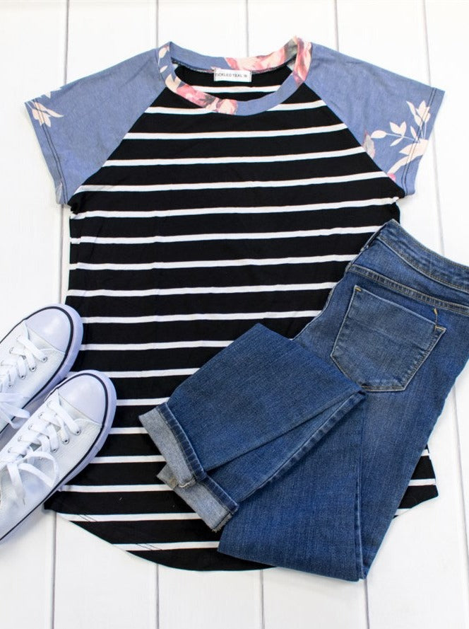 Floral Raglan Stripe Tee - Black - Tickled Teal LLC