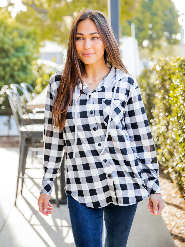 Plaid Gray Hoodie Button Up