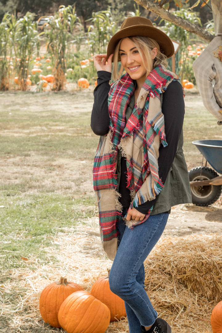 Plaid Blanket Scarf - Tan Green Red - Tickled Teal LLC