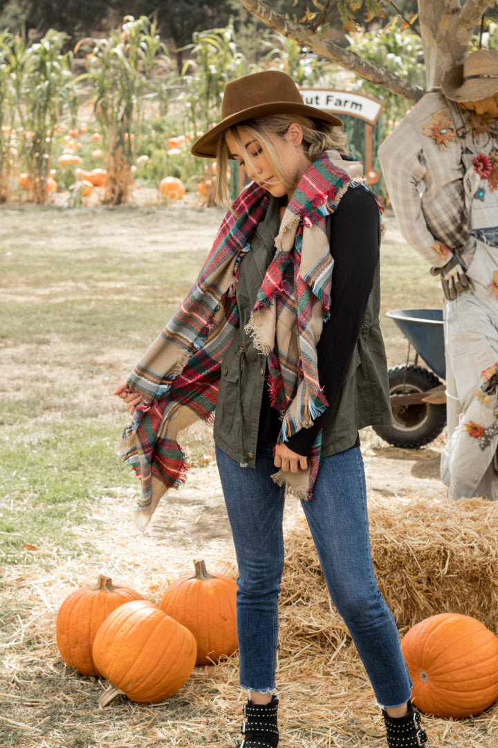 Plaid Blanket Scarf - Tan Green Red - Tickled Teal LLC