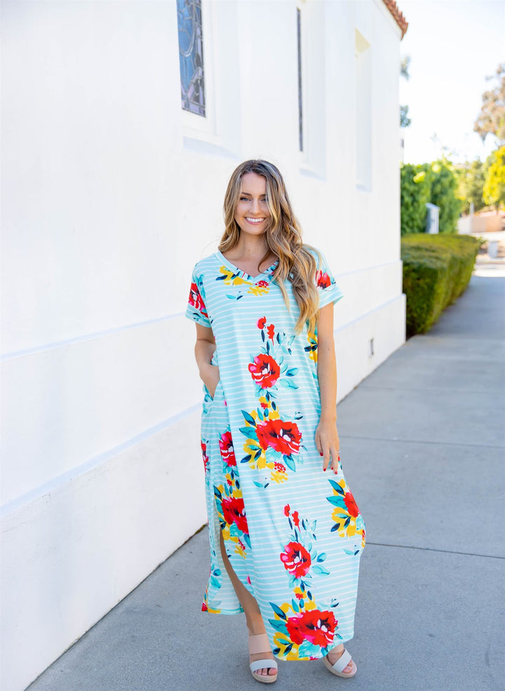 Striped Floral Relaxed Maxi Dress