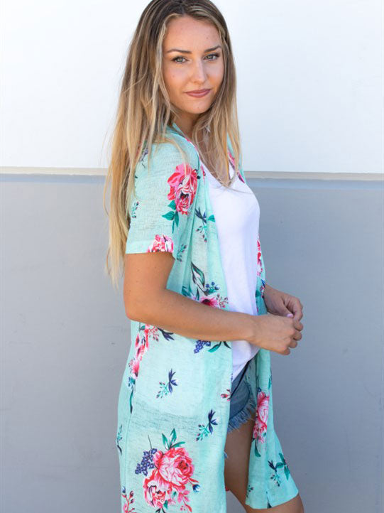 Floral Short Sleeve Sheer Knit Cardigan
