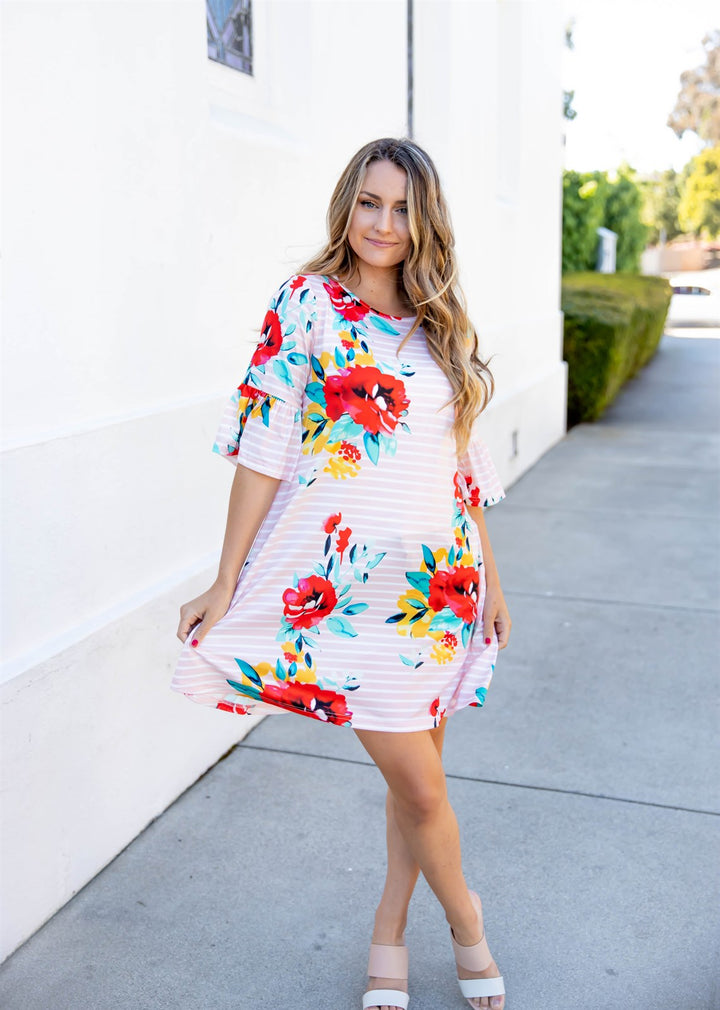 Stripe & Floral Bell Sleeve Gemma Dress