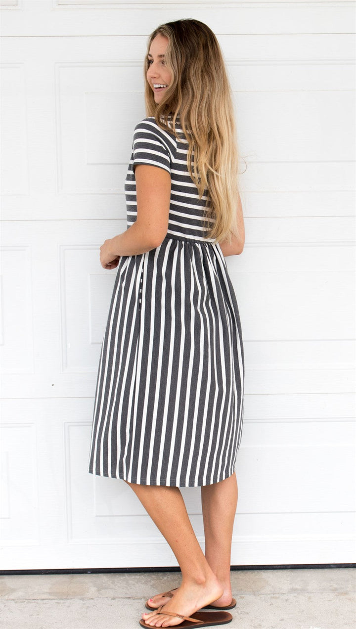 Striped Midi Dress - Charcoal - Tickled Teal LLC