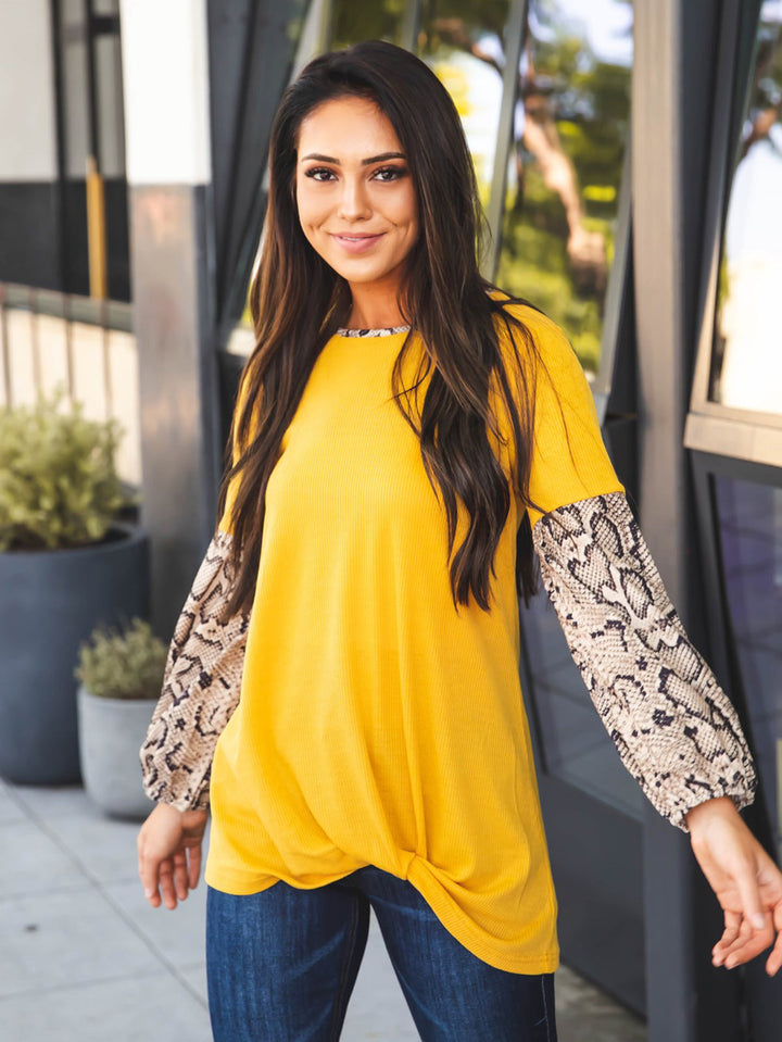 Twist Front Snake Print Sleeve Autumn Top
