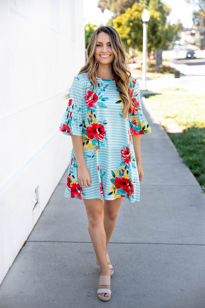 Stripe & Floral Bell Sleeve Gemma Dress