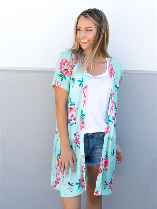 Floral Short Sleeve Sheer Knit Cardigan