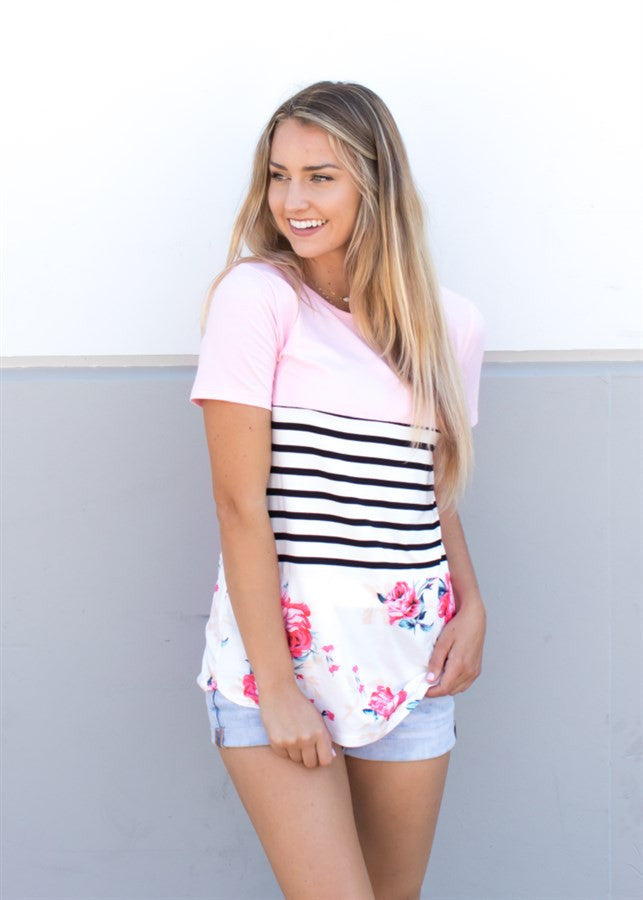 Floral Stripe Tunic - Pink - Tickled Teal LLC