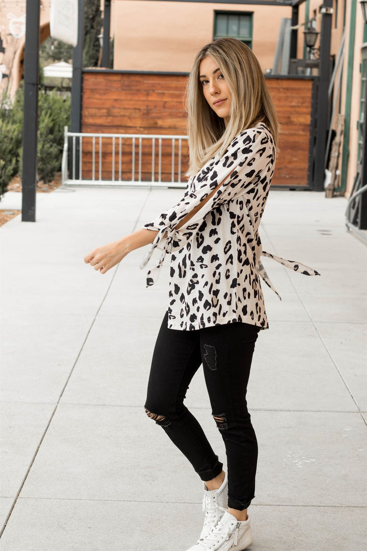 Animal Print Tie Sleeve Top