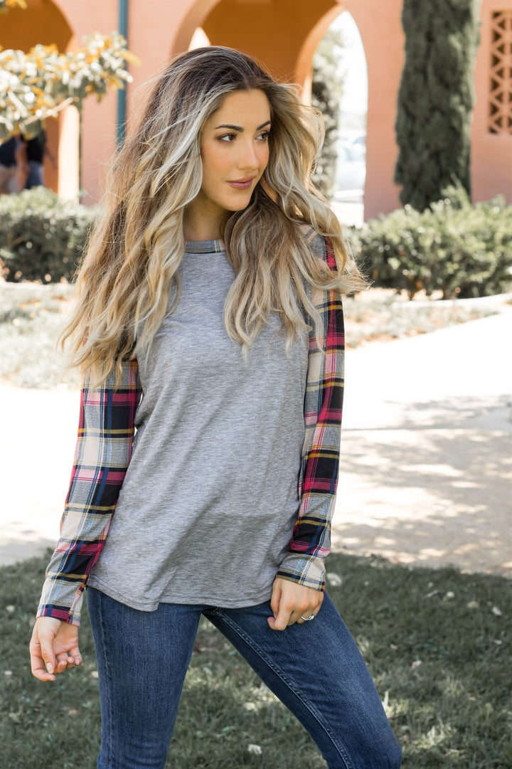Fall Plaid Sleeve Raglan - Gray - Tickled Teal LLC