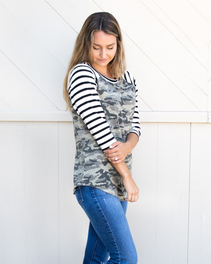 Stripe Sleeve Camo Raglan - Tickled Teal LLC