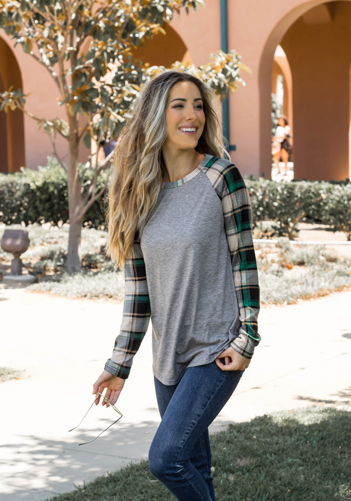 Fall Plaid Sleeve Raglan - Gray - Tickled Teal LLC