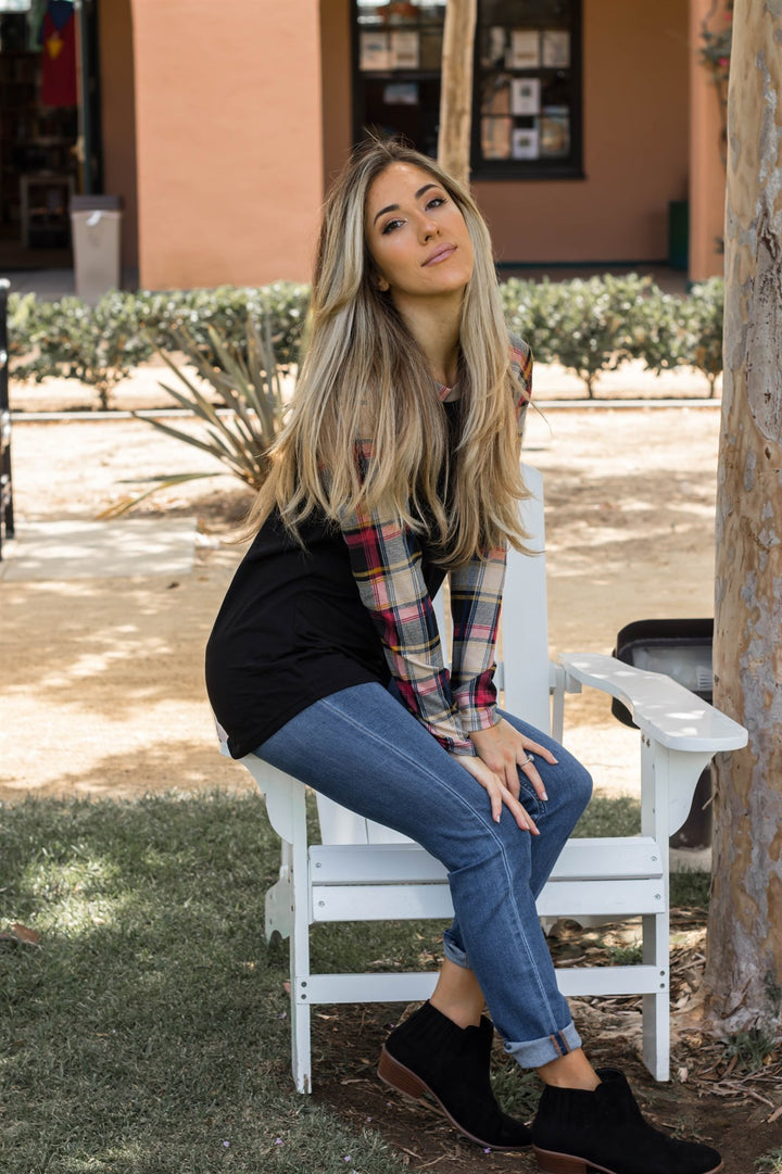 Fall Plaid Sleeve Raglan - Black - Tickled Teal LLC