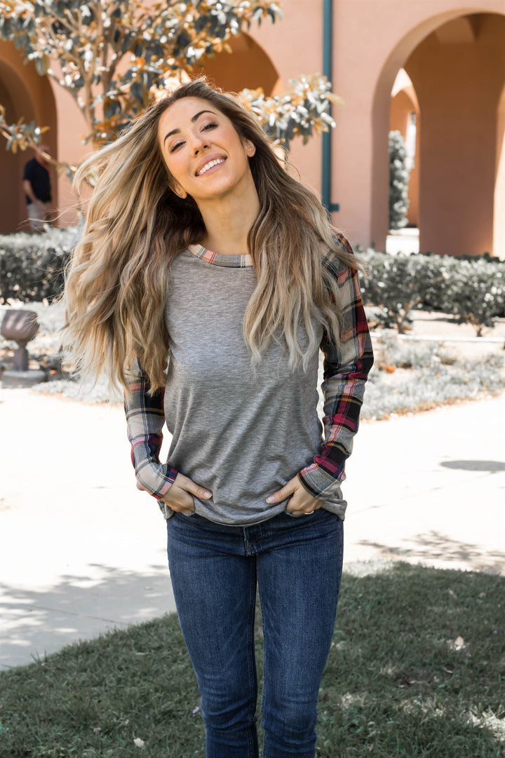 Fall Plaid Sleeve Raglan - Gray - Tickled Teal LLC