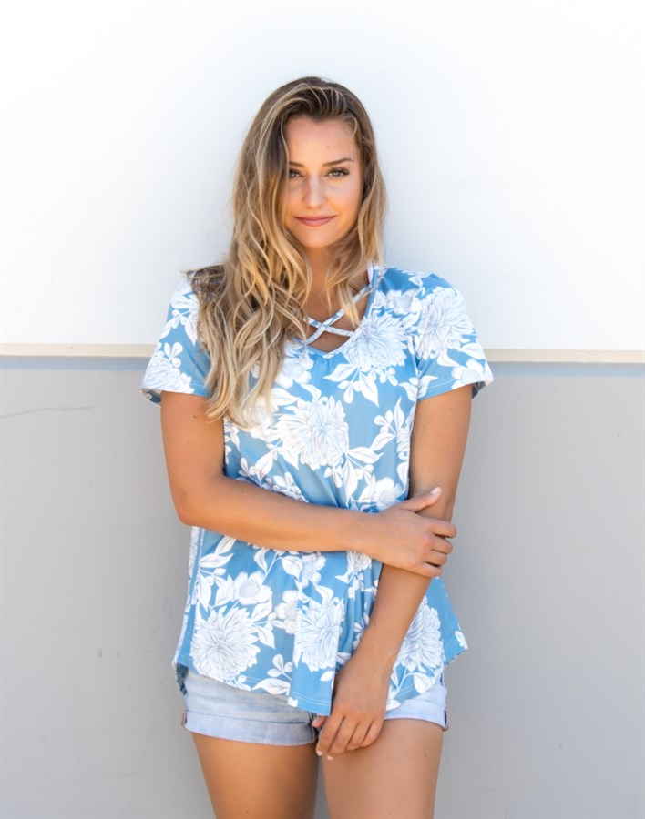 Floral Criss Cross Top - Antique Blue