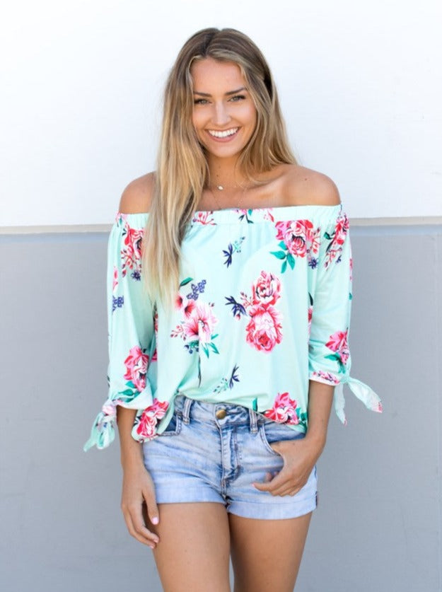 Floral Off Shoulder Top - Mint - Tickled Teal LLC