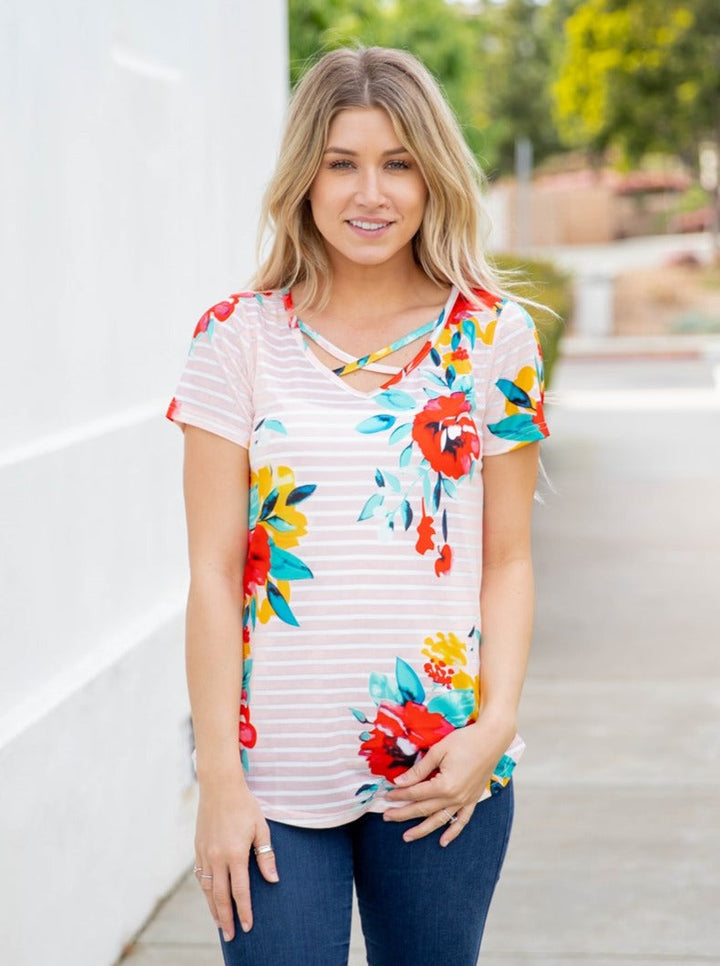 Stripe Floral Criss Cross Top
