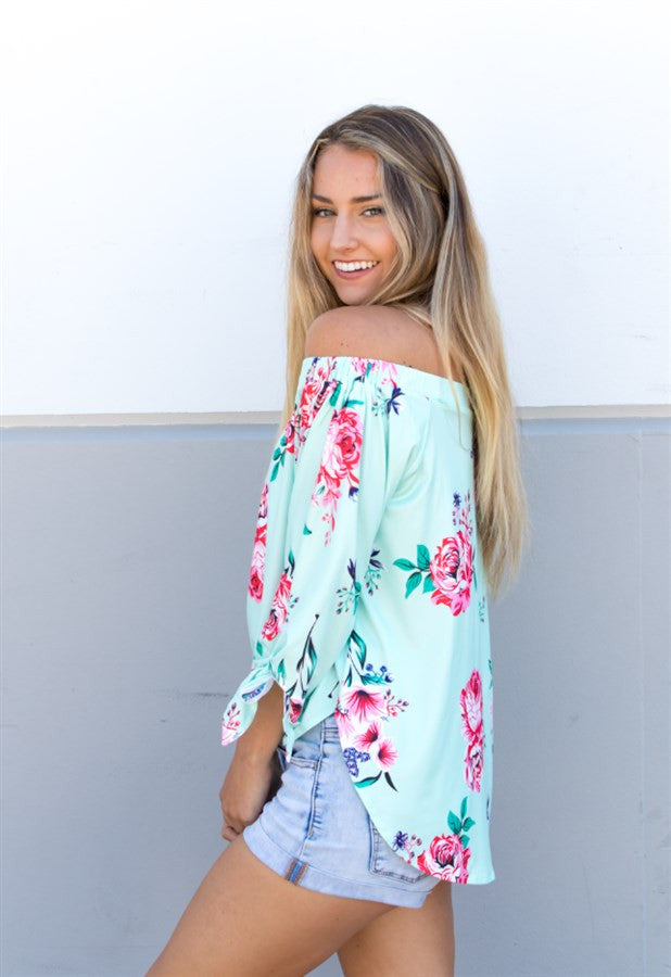 Floral Off Shoulder Top - Mint - Tickled Teal LLC