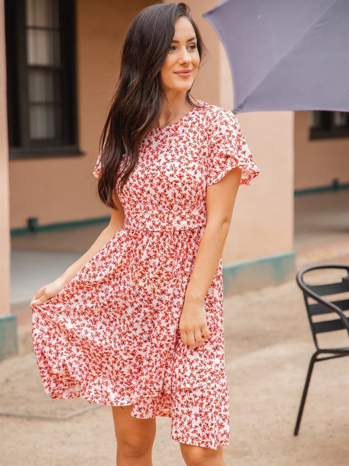 Patterned Belted Waist Tulip Sleeve Katie Dress