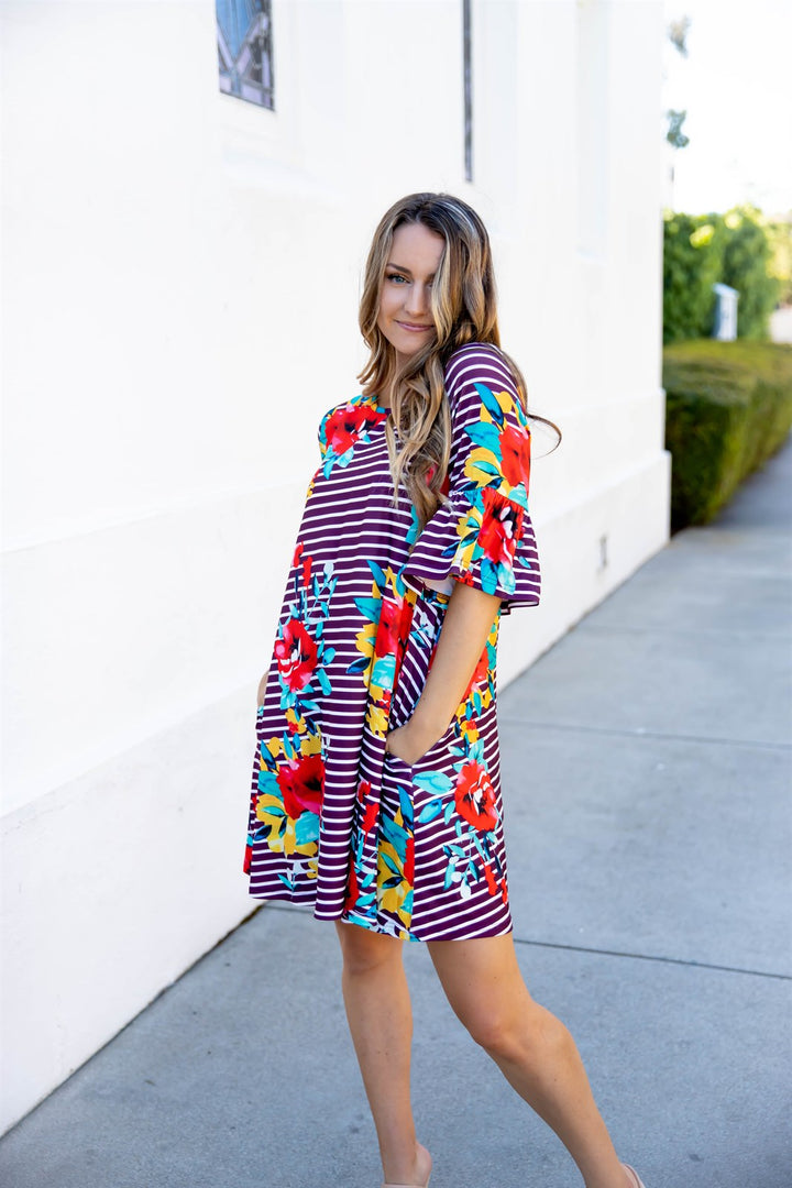 Stripe & Floral Bell Sleeve Gemma Dress