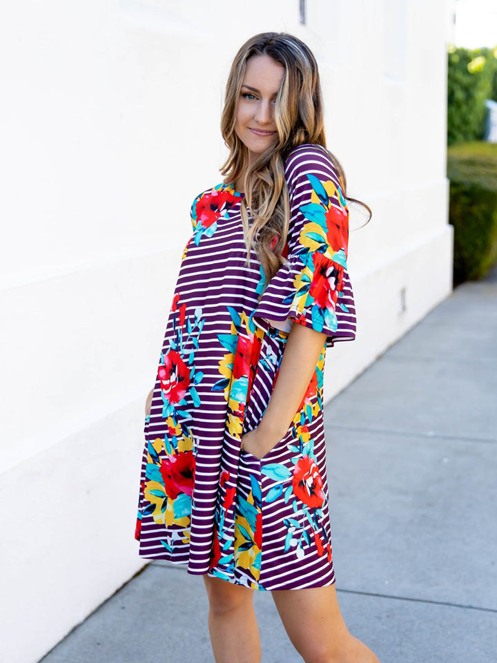 Stripe & Floral Bell Sleeve Gemma Dress