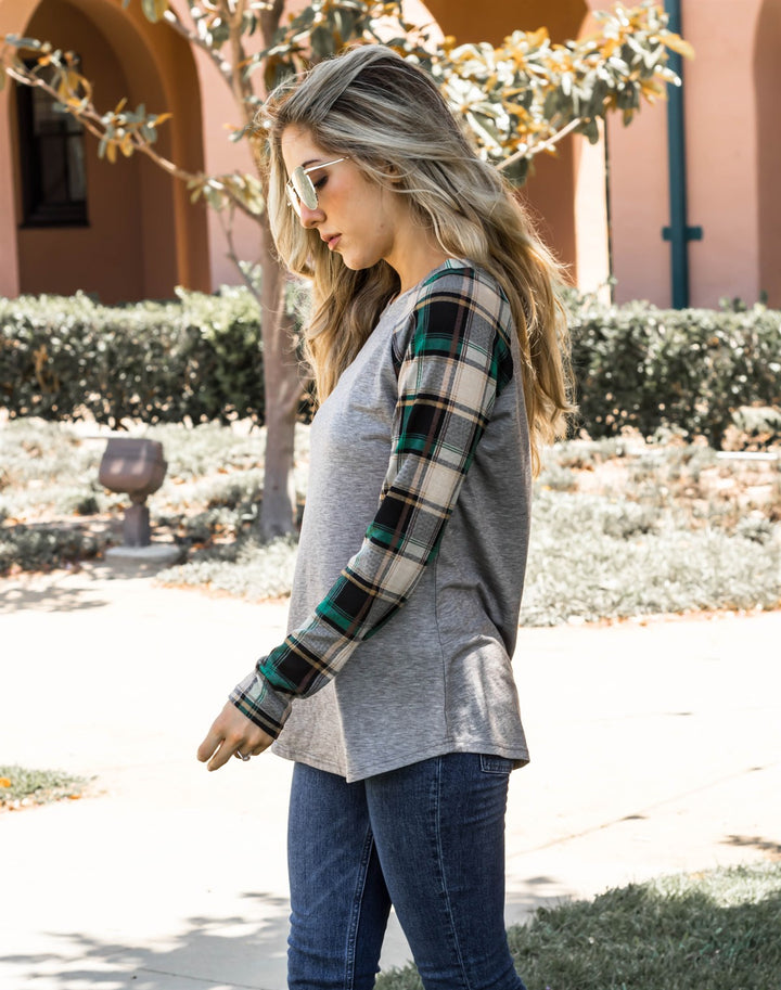 Fall Plaid Sleeve Raglan - Gray - Tickled Teal LLC