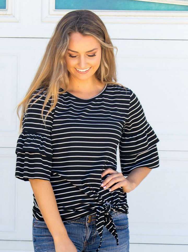 Stripe Ruffle Sleeve Tie Front Top