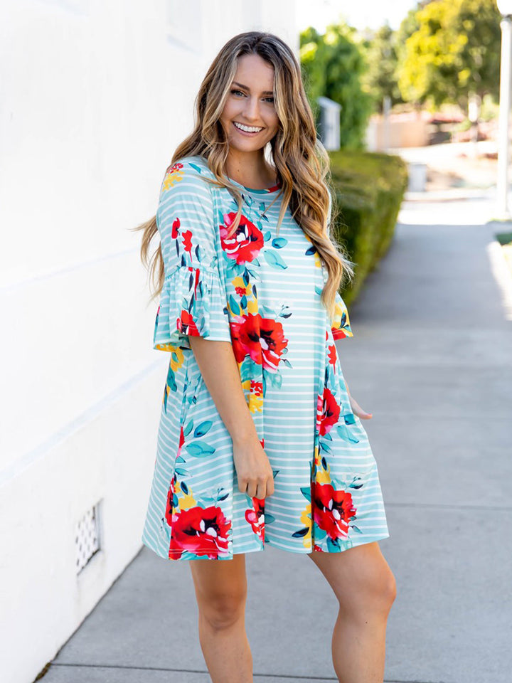 Stripe & Floral Bell Sleeve Gemma Dress