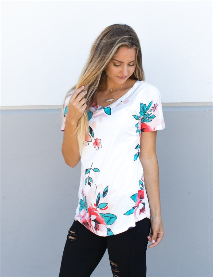 Floral V-Neck Tunic - Tickled Teal LLC