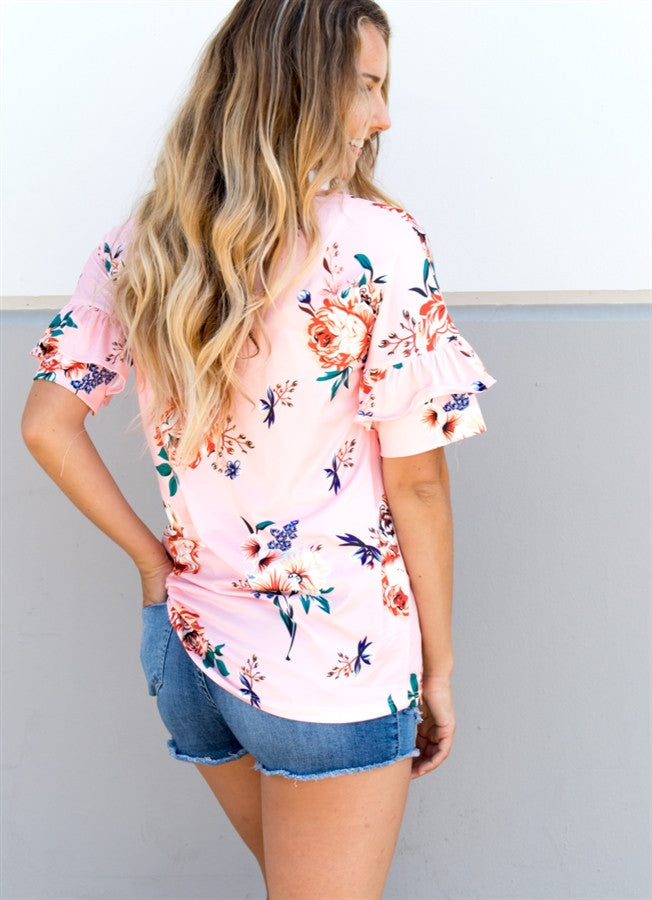 Ruffle Sleeve Floral Tunic - Blush Pink - Tickled Teal LLC