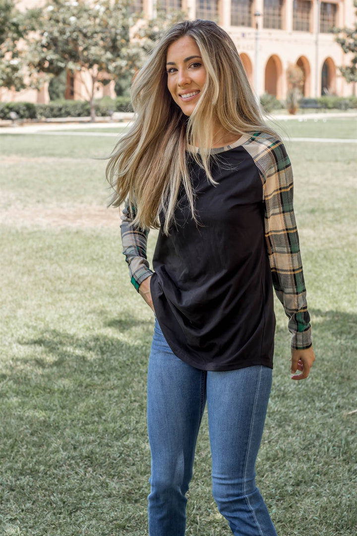 Fall Plaid Sleeve Raglan - Black - Tickled Teal LLC