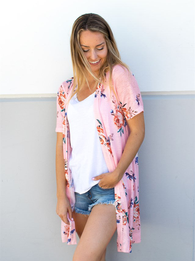 Floral Short Sleeve Sheer Knit Cardigan