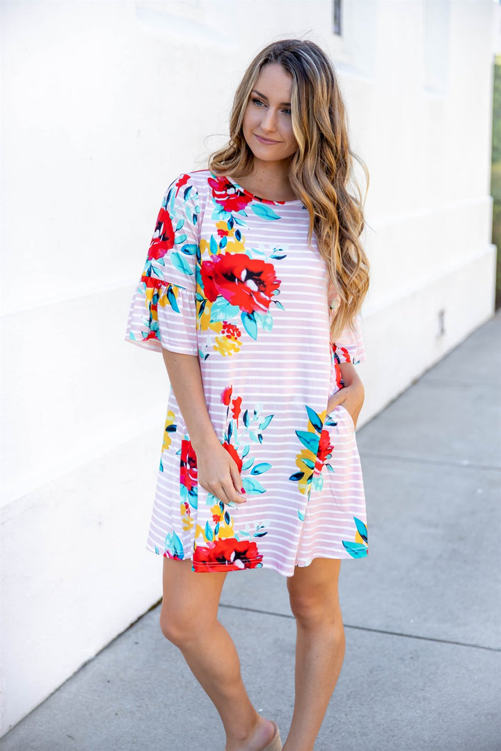 Stripe & Floral Bell Sleeve Gemma Dress