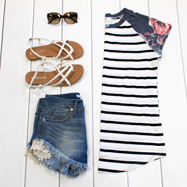 Floral Raglan Stripe Tee - White - Tickled Teal LLC