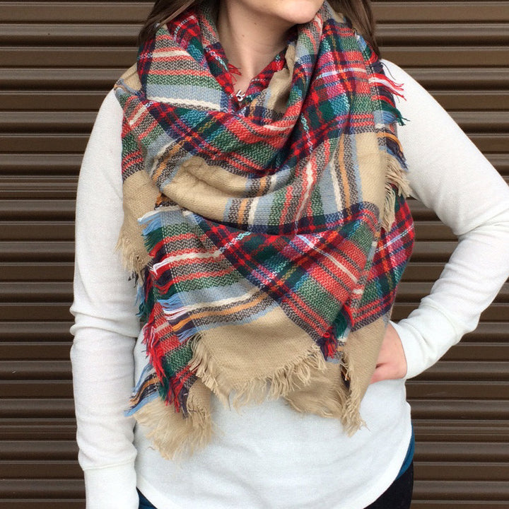Plaid Blanket Scarf - Tan Green Red - Tickled Teal LLC