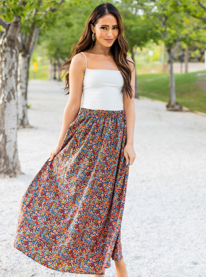 Lovely Floral Maxi Skirt - Blue