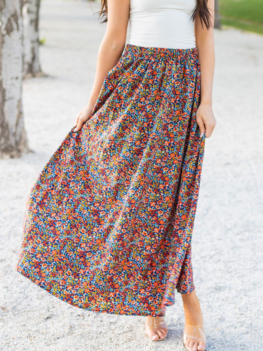 Lovely Floral Maxi Skirt - Blue
