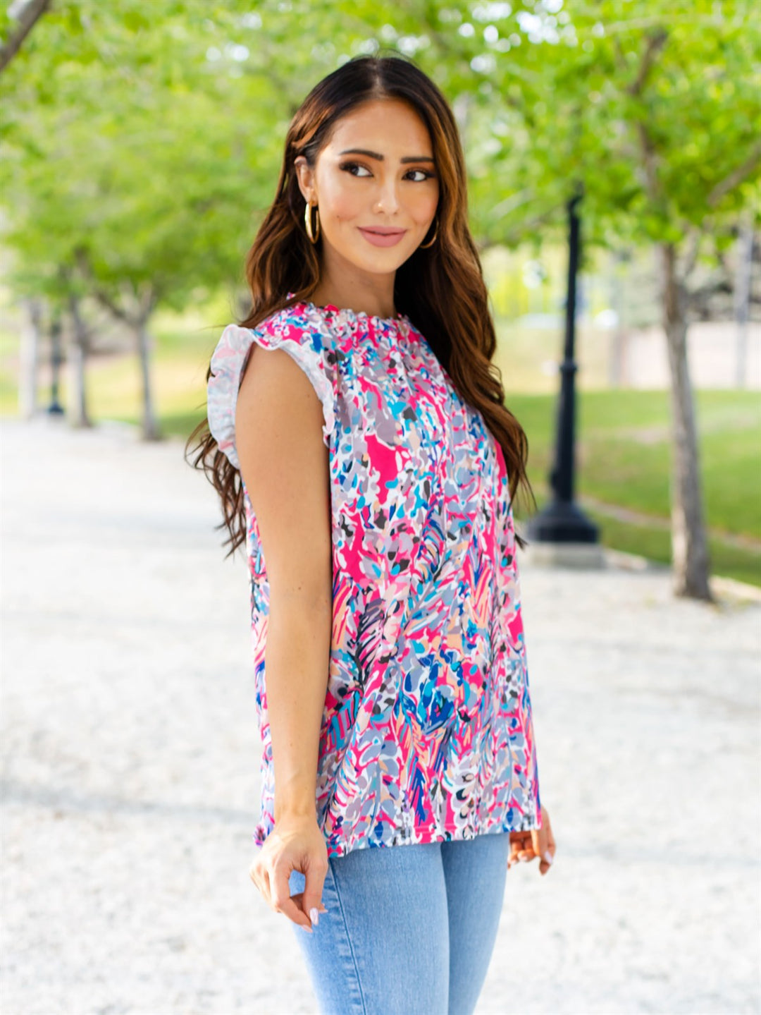 Colorful Pattern Ruffle Cap Sleeve Top