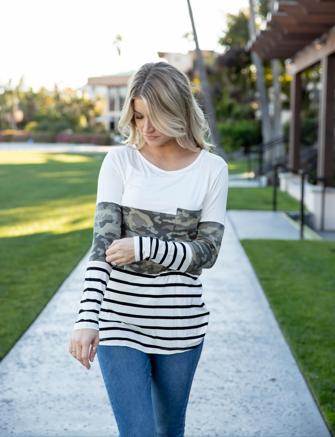 Stripe and Camo Colorblock Top