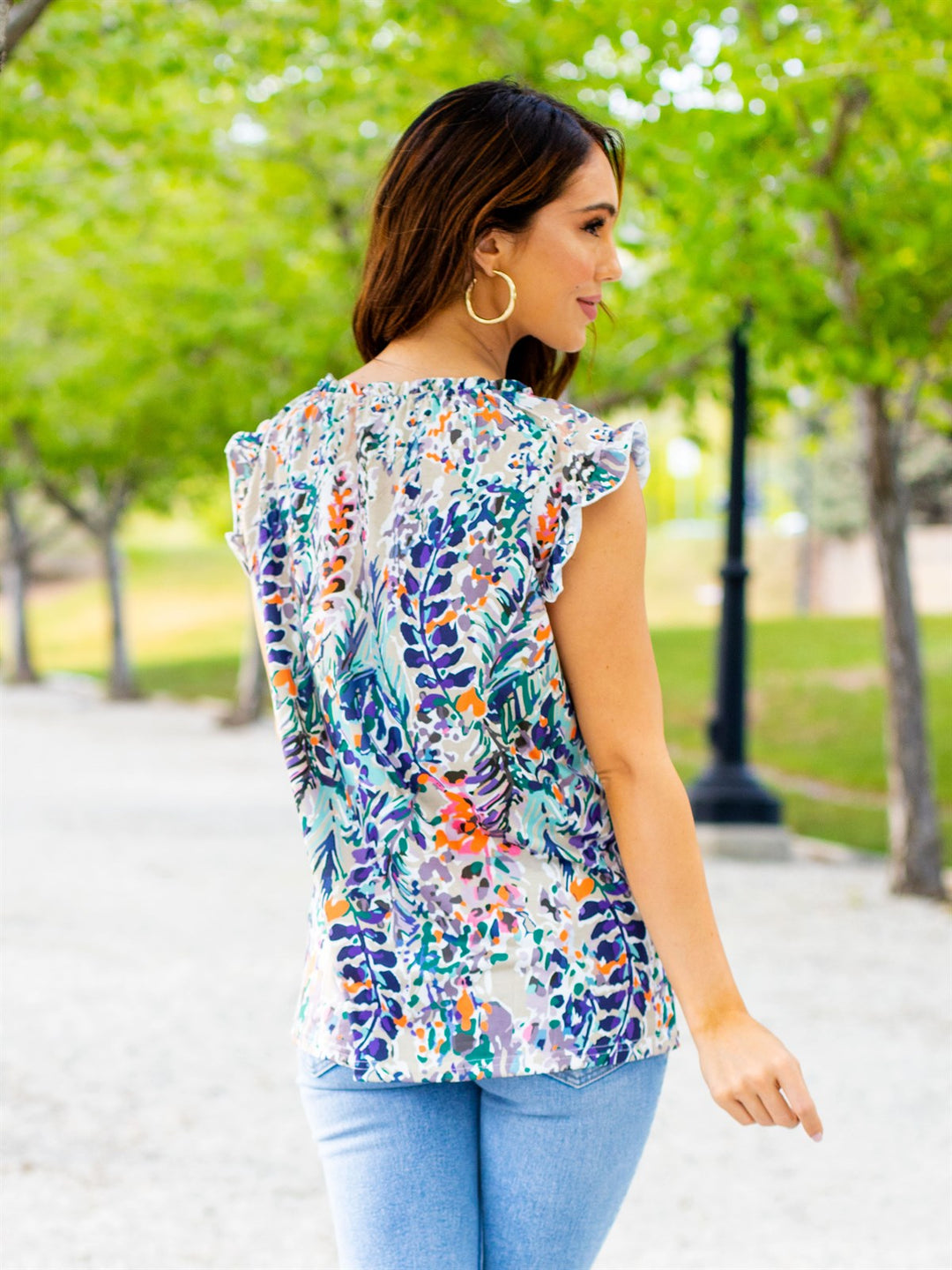 Colorful Pattern Ruffle Cap Sleeve Top