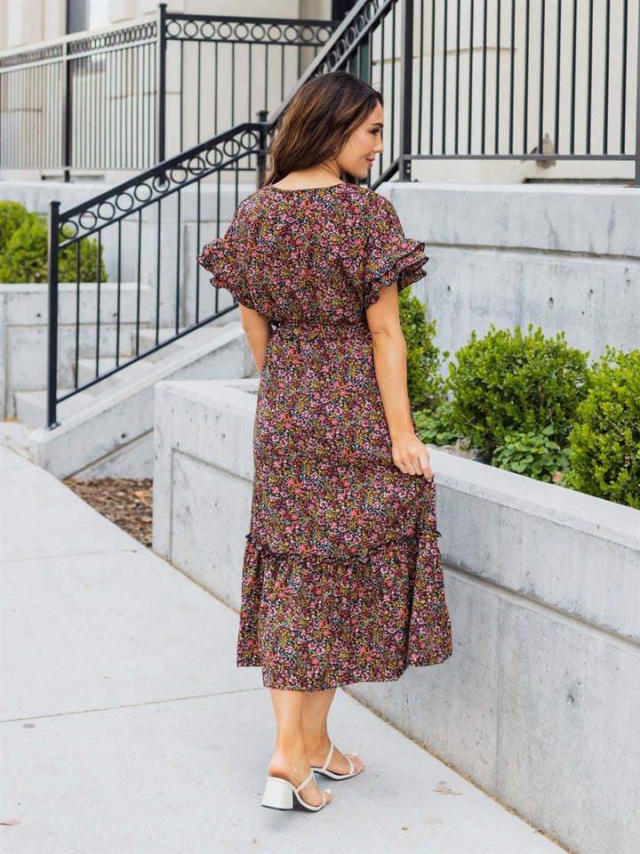 Floral Belted Whitney Dress - Black