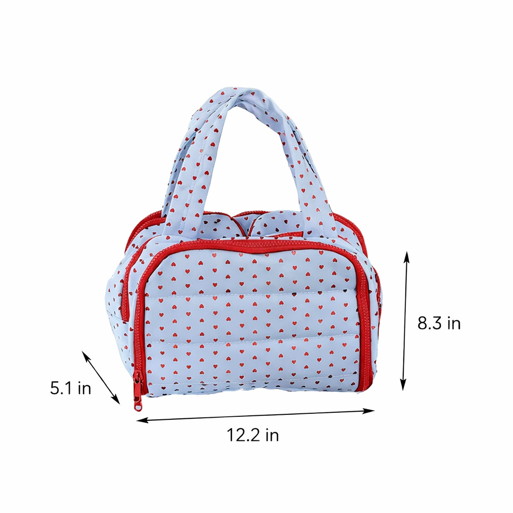 Quilted Heart Print Travel Cosmetic Organizer Bag