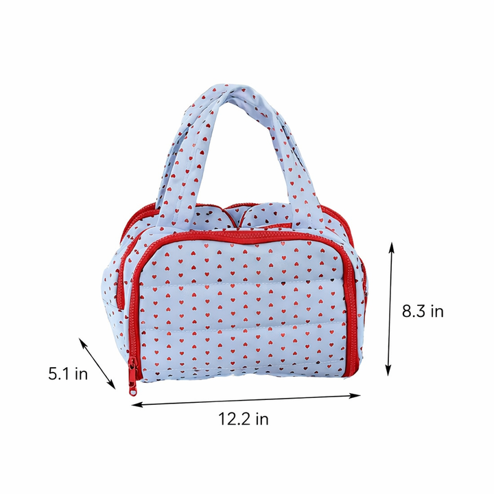 Quilted Heart Print Travel Cosmetic Organizer Bag