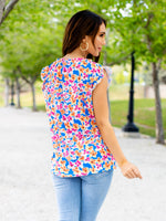 Colorful Pattern Ruffle Top - Blue Orange Floral