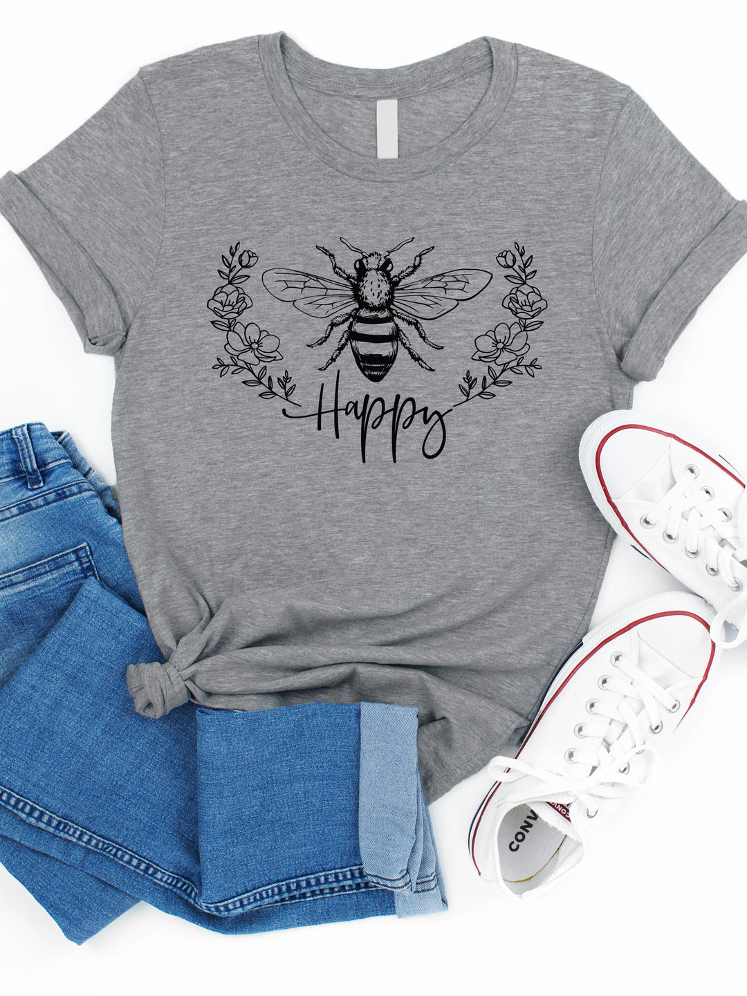 Bee Happy Floral Wreath Graphic Tee