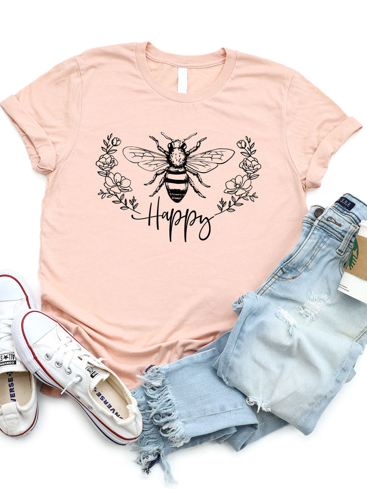 Bee Happy Floral Wreath Graphic Tee