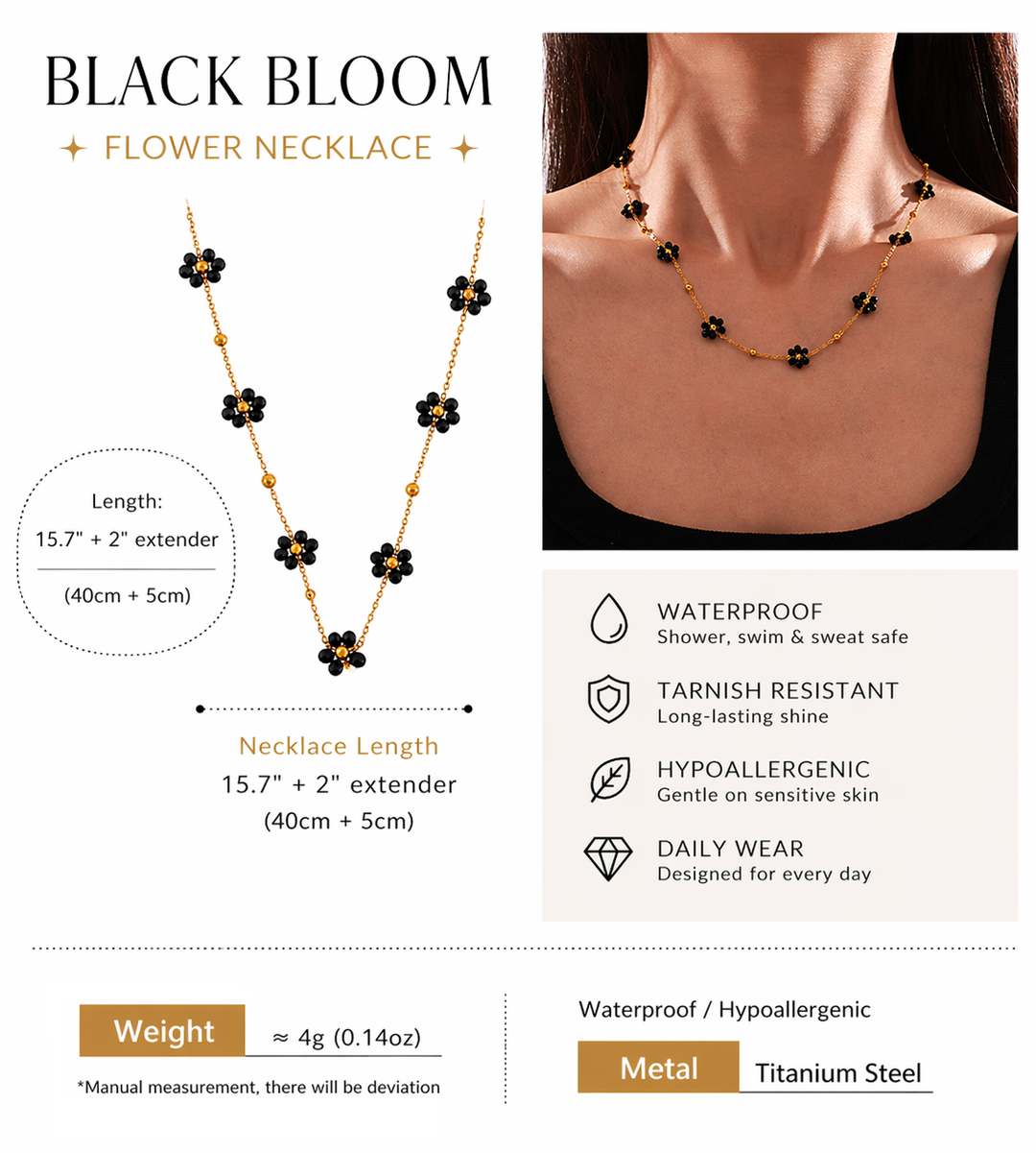 Black Flower Beaded Necklace