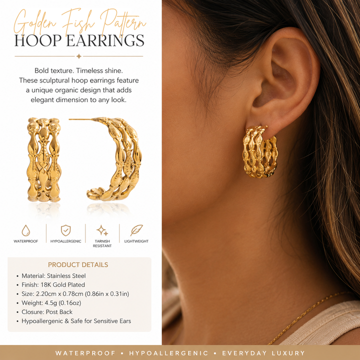 Golden Fish Pattern Hoop Earrings