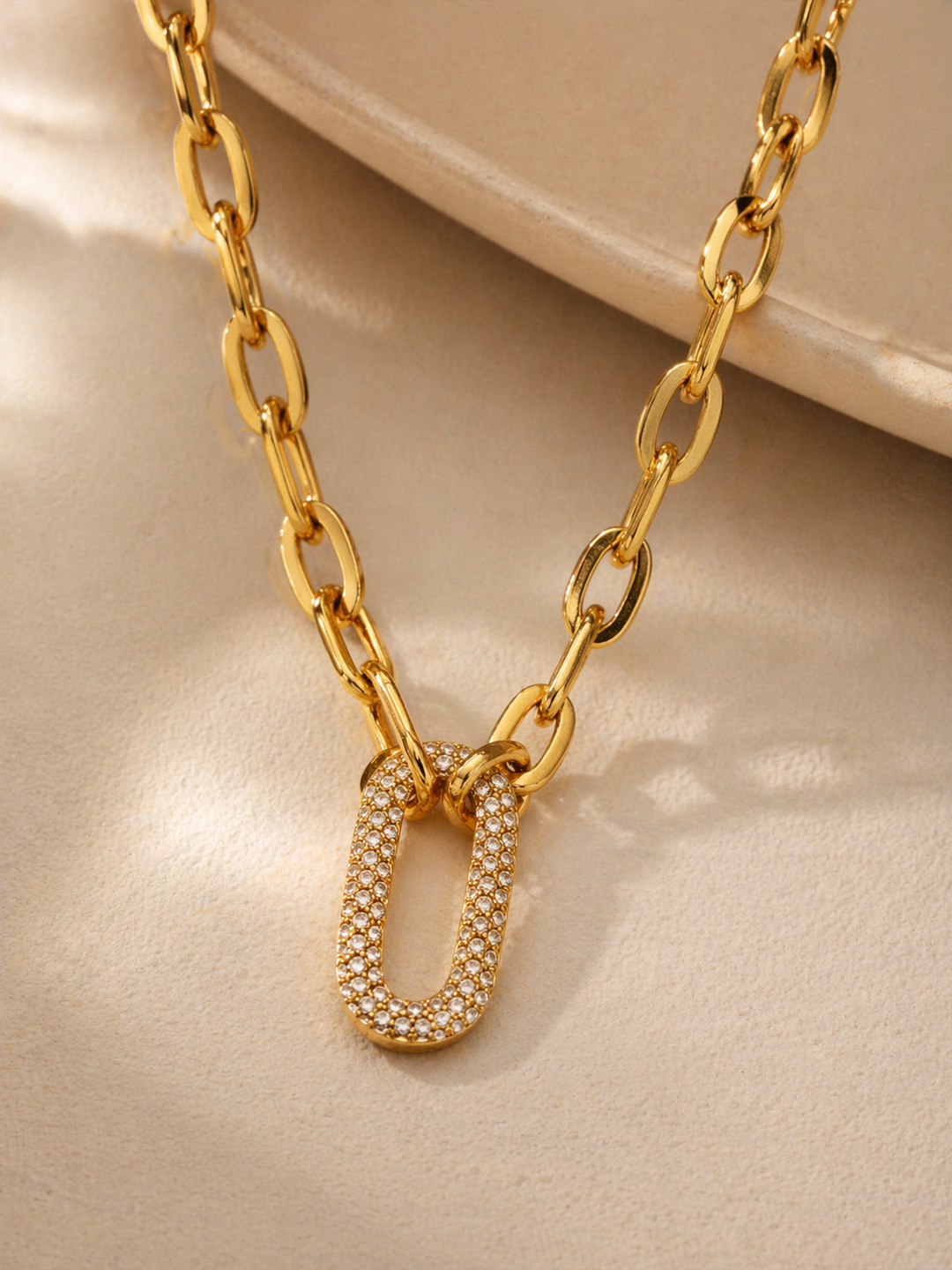 Gold Paperclip Chain Necklace with Pavé Link